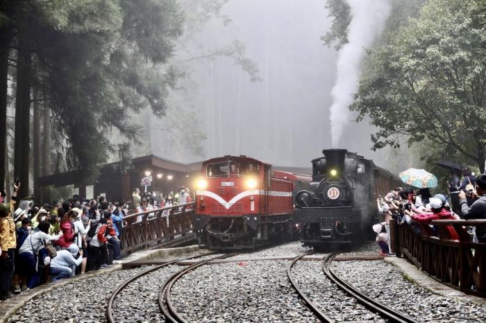 阿里山神木車站啟用 蒸汽火車與柴油機關車同框賀喜