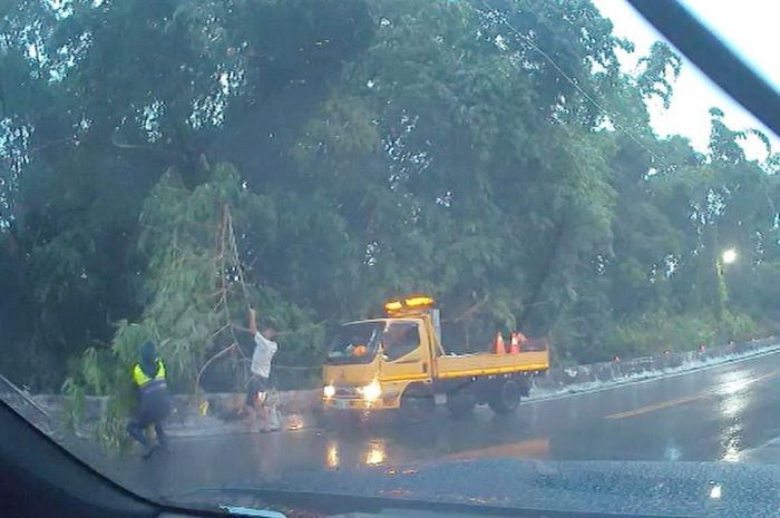 強降雨吹倒竹林阻交通　員警不畏風雨進行管制疏導