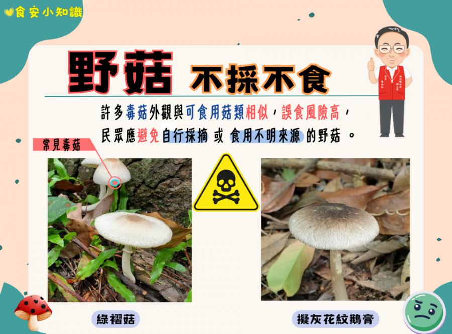 野生菇類勿亂採亂吃　縣府衛生局籲民眾留意食安風險